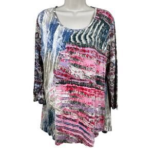 Parsley & Sage Blouse Top Abstract Rayon Knit 3/4 Sleeve Pink Blue Large Artsy